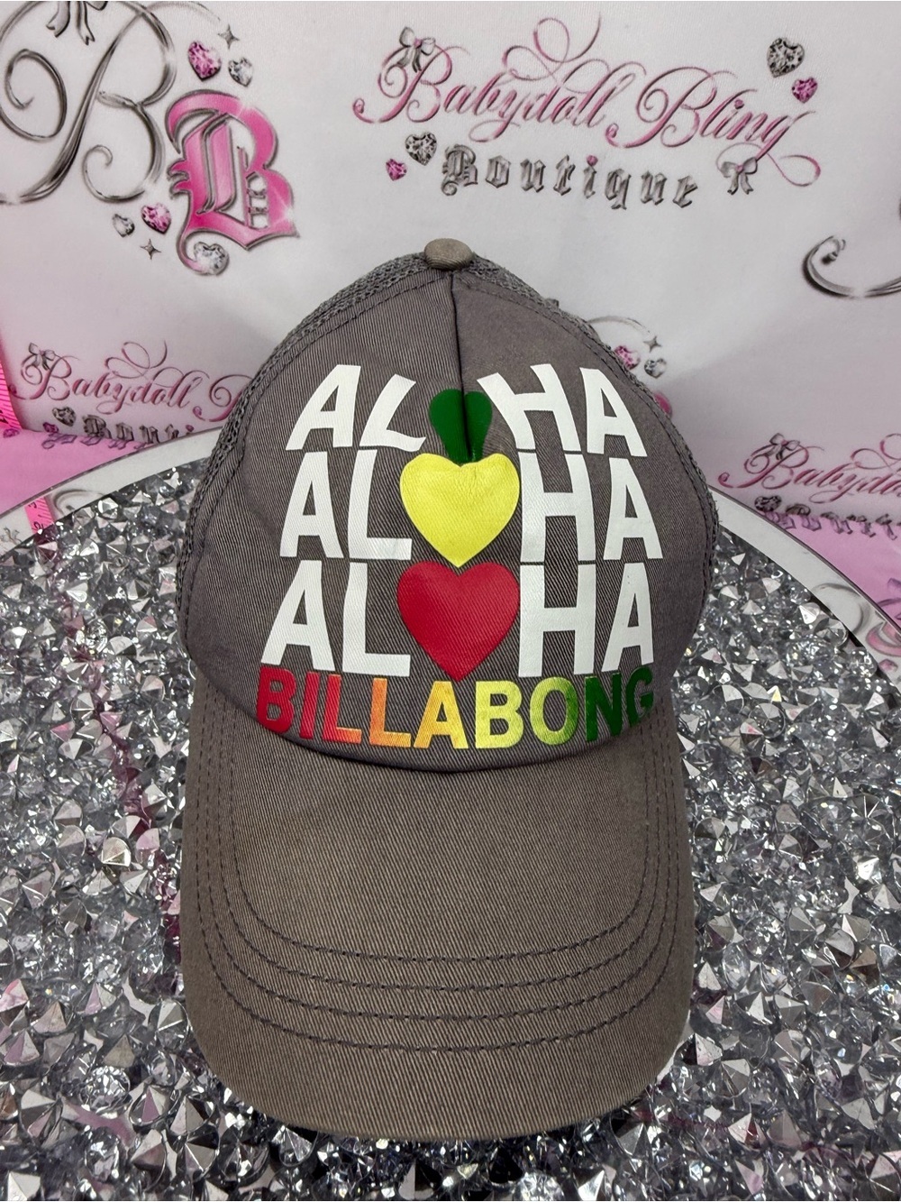 Billabong Hawaii hat snap back Gray "Aloha" Cap with Red, Yellow & Green Hearts